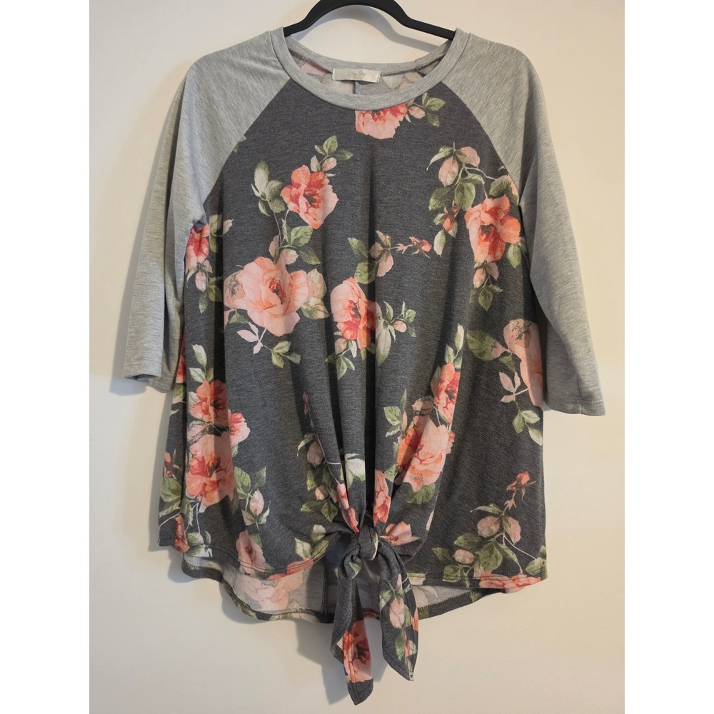 Lily Sky Top Women 2X Gray Floral Rayon Raglan 3/4 Sleeve Front Tie Boho 2XL